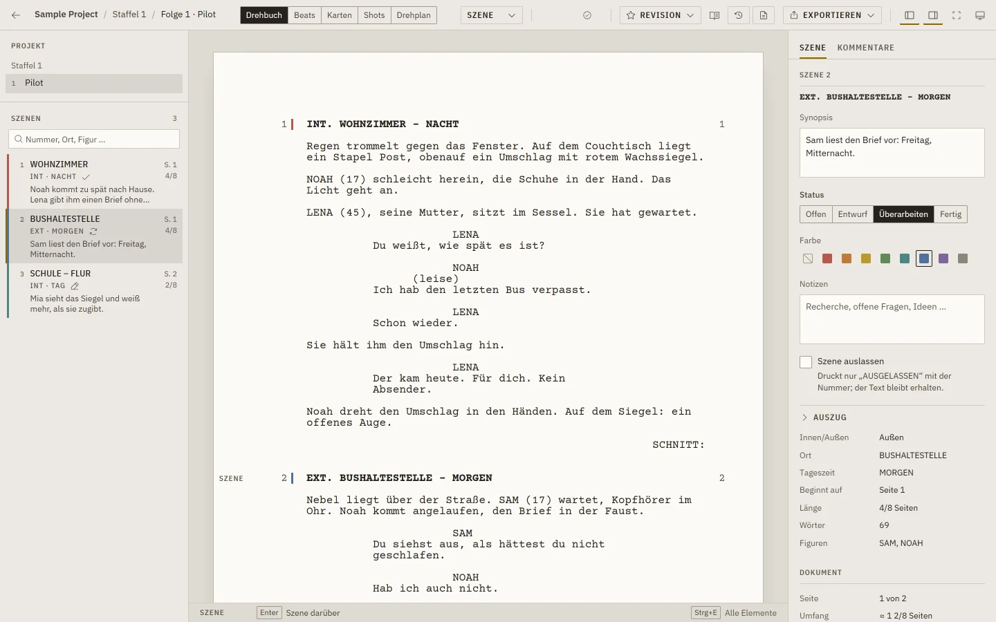 Scriptloom in light mode with a screenplay open: the scene list on the left, the script page in the middle, synopsis, status and statistics of the current scene on the right.